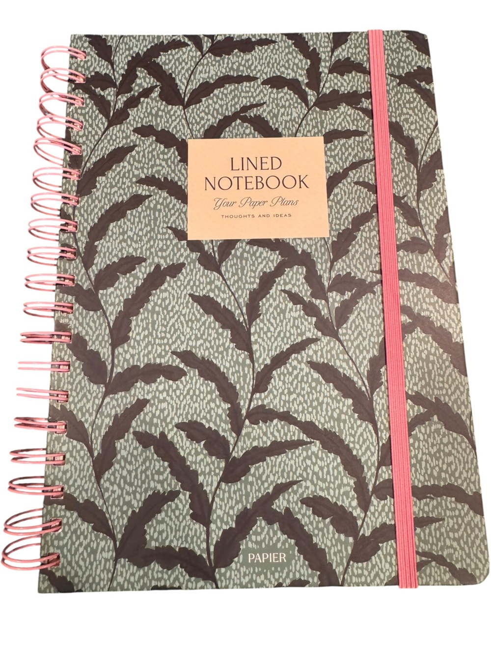Lined Notebook with Green Leaf Pattern and Pink Spiral
